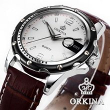 Genuine Orkina White Dial Brown Leather Date Display Men Sport Quartz Watch Usts