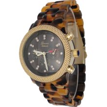 Genuine Tortoise Shell Watch w/ Gold Bezel & Brown Face & Chronograph Look