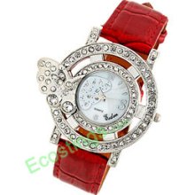 Good Rhinestone Butterfly Watch Case Ladies Leather Band Watch