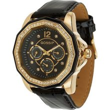 Gossip Multi-Faceted Crystal Case Watch w/Leather Croco Strap - Black - One Size