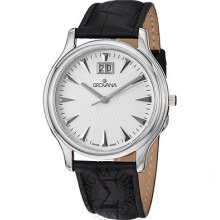 Grovana Mens Silver Dial Black Leather Strap Grand Date Quartz Watch 1030.1532