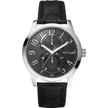 Guess Men's Quartz Watch With Black Dial Analogue Display And Black Leather Strap W95127g1