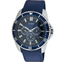 Guess Men's Quartz Watch With Blue Dial Analogue Display And Blue Rubber Strap W90070g2