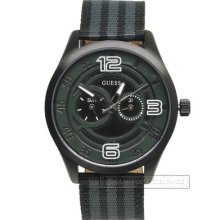 Guess Mens Watch Black-ion Day/date Leather & Nylon Striped Band $135 Msrp