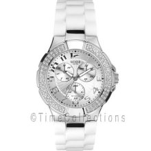 Guess Prism White Rubber Strap Lady Watch G10583l Date Ss Silver Swarovski