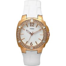 GUESS Women's W11558L1 Steel White Leather White Dial Watch, Makes A Great Gift.