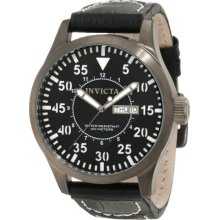 Invicta Men's Gray Tone Stainless Steel Case Quartz Specialty Black Dial Black Leather Strap 11200