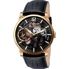 Invicta Men's Rose Gold Tone Stainless Steel Case Black Tone Skeleton Dial Leather Strap 12408