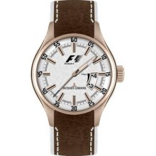 Jacques Lemans Men's Gold Tone Stainless Steel Formula One White Dial Brown Leather Strap F5038C