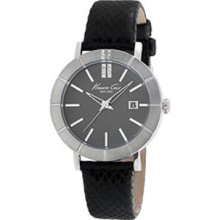 Kenneth Cole Womens Crystal Analog Stainless Watch - Black Leather Strap - Gray Dial - KC2744
