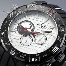 Ks Automatic Mechanical White Dial Day Date Men Black Rubber Sport Wrist Watch