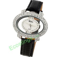 Ladies Crystal Oval Face Wrist Watch Leather Strap