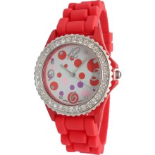 Ladies Red Silicon Watch w/ Multi Polka Dot Print & Crystals Silver Bezel - Silver - Sterling Silver - 3