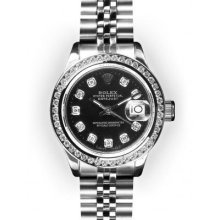 Ladies Stainless Steel Black Dial Channel Set Bezel Rolex Datejust