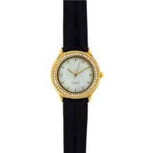 Ladies Sterling Silver, Gold Plated, Crystal Black Leather Strap Watch Gotw115