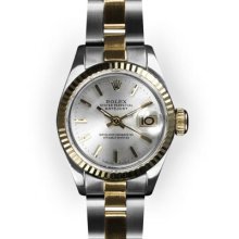 Ladies Two Tone Oyster Silver Stick Dial Fluted Bezel Rolex Datejust