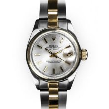 Ladies Two Tone Oyster Silver Stick Dial Smooth Bezel Rolex Datejust