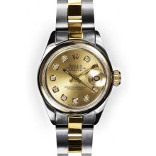 Ladies Two Tone Oyster Champagne Dial Smooth Bezel Rolex Datejust