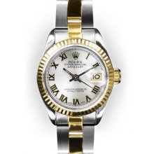Ladies Two Tone Oyster Silver Roman Dial Fluted Bezel Rolex Datejust