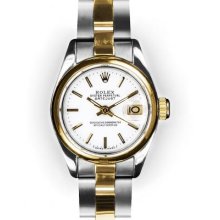 Ladies Two Tone Oyster White Stick Dial Smooth Bezel Rolex Datejust