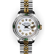 Ladies Two Tone White Dial Emerald Channel Set Bezel Rolex Datejust