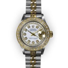 Ladies TwoTone MoP String Dial Yellow Gold Beadset Rolex Datejust