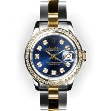 Ladies TwoTone Oyster Blue Dial Yellow Gold Channel Set Rolex Datejust