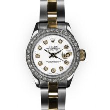Ladies TwoTone Oyster White Dial White Gold Beadset Rolex Datejust