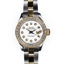 Ladies TwoTone Oyster White Dial Yellow Gold Beadset Rolex Datejust