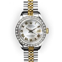 Ladies TwoTone Silver Dial White Gold Beadset Bezel Rolex Datejust