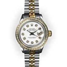 Ladies TwoTone White Dial Yellow Gold Channel Set Bezel Rolex Datejust