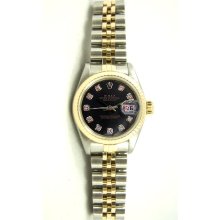 Ladys Stainless Steel & Gold Datejust Model 6917 Jubilee Band Fluted Bezel Custom Added Black Diamond Dial