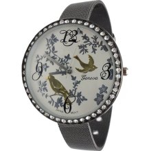 Large Face Ladies Pewter Mesh Band Watch w/ Metallic Birds, Trees & Flowers