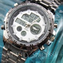 Led Dial Digital Quartz Hours Date Alarm White Steel Men Women Wrist Watch B035w