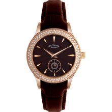 LS02907-16 Rotary Ladies Timepieces Crystals Brown Dial And Leather St...