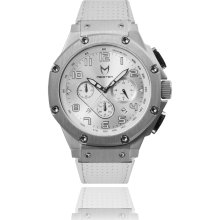 Meister Mens Ambassador Chronograph Stainless Watch - White Leather Strap - Silver Dial - AM115PL