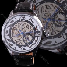 Men Black Leather Band Numerals Auto Skeleton Mechanical Blue Hand Wrist Watch