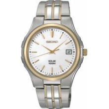 Men`s Seiko Solar Watch W/ White Dial & Two-tone Stainless Steel Bracelet