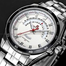 Men Stainless Steel Date Day White Dial Sport Wrist Quartz Watch Dailyetrade