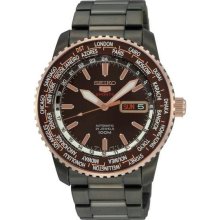 Men's Black Stainless Steel Automatic Rose Two Tone Brown Dial World Time Bezel