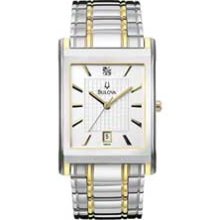 Men's Bulova Diamond Collection Two-Tone Stainless Steel Watch with Rectangular Silver Dial (Model: 98D005) bulova