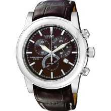 Mens Citizen Eco Drive WR100 Watch in Stainless Steel with Brown Leather Strap (AT0550-11X)
