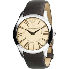 Men's Classic Stainless Steel Case Leather Bracelet Cream Tone Dial Roman Numera