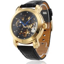 Men's Fashion Mechanical Black Leather PU Band Wrist Watch with Black Hollow Engraving Dial