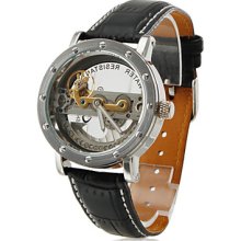 Men's Fashionable Style PU Analog Automatic Wrist Watch (Black)