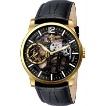 Men's Gold Tone Stainless Steel Case Black and Gold Tone Skeleton Dial Leather S
