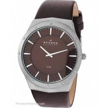 Mens Leather Strap Watch by Skagen Stainless Steel Brown 509XXLSLD