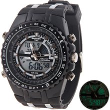 mens new Alike black chrome face digital/analog watch silicone band w/backlight