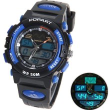 mens new black & blue Popart analog/digital watch silicone band w/backlight