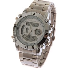 mens new Hong SD white & chrome stainless steel quartz digital/analog watch